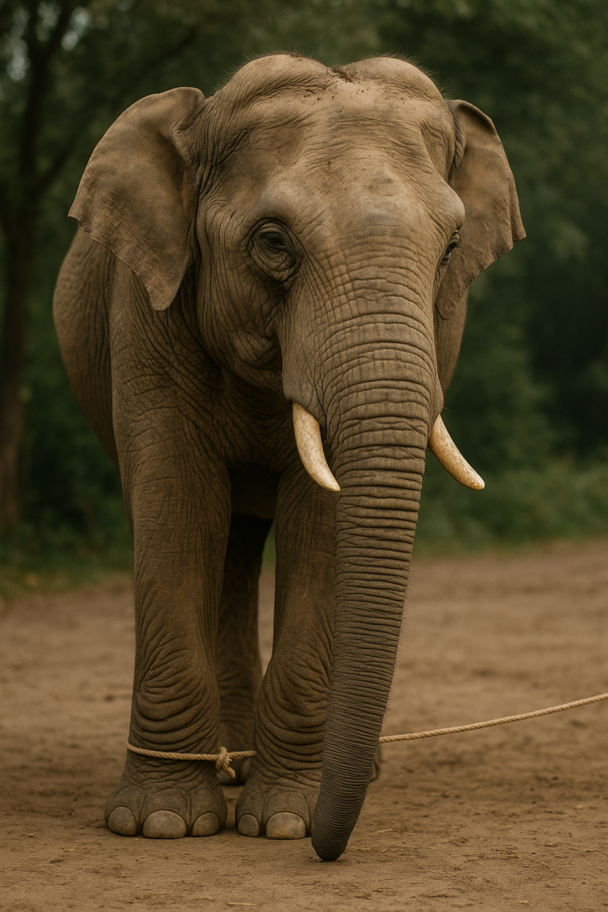 An elephant held captive by a light rope around it's foot.