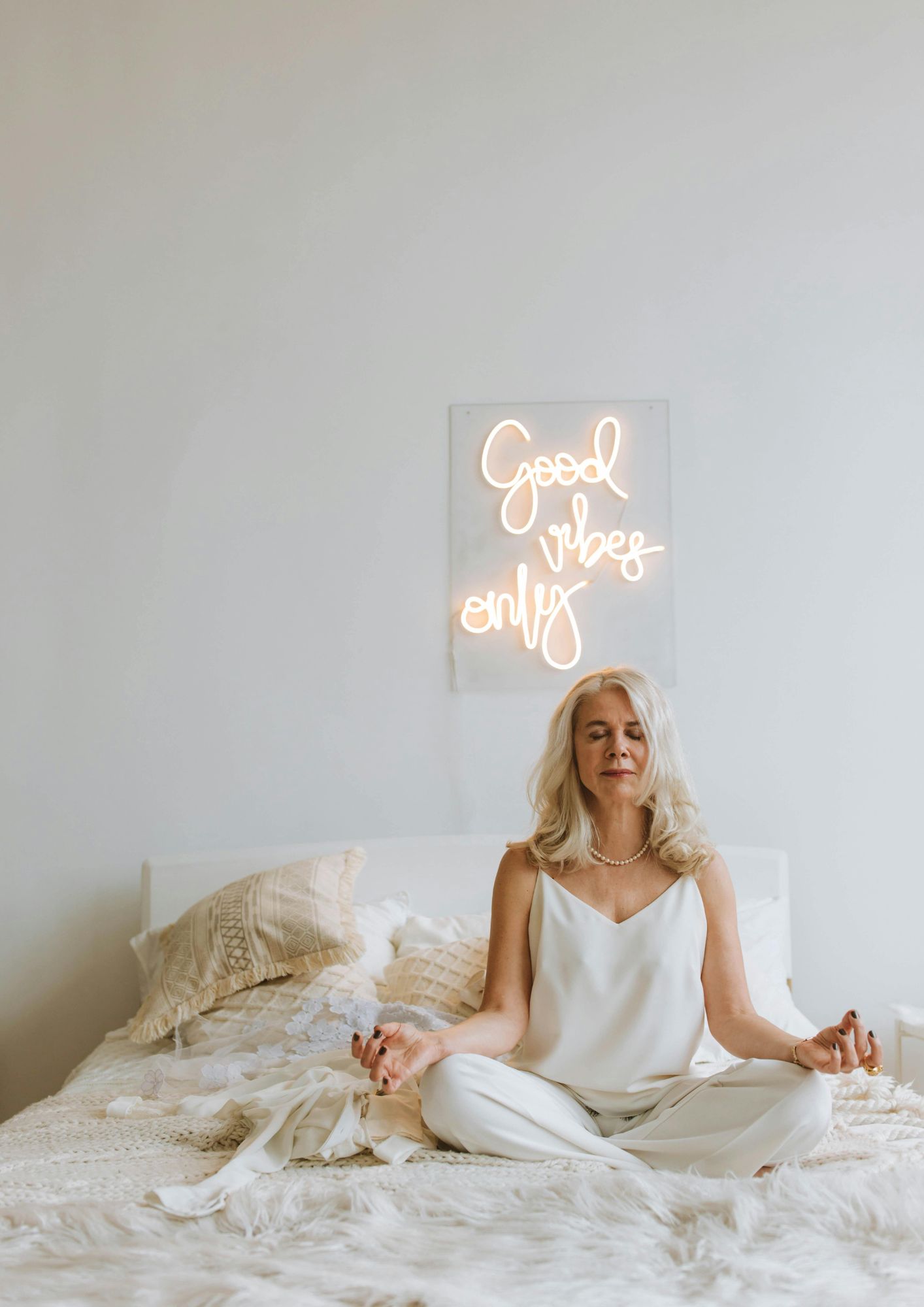 Woman practicing gratitude meditation in quiet morning space